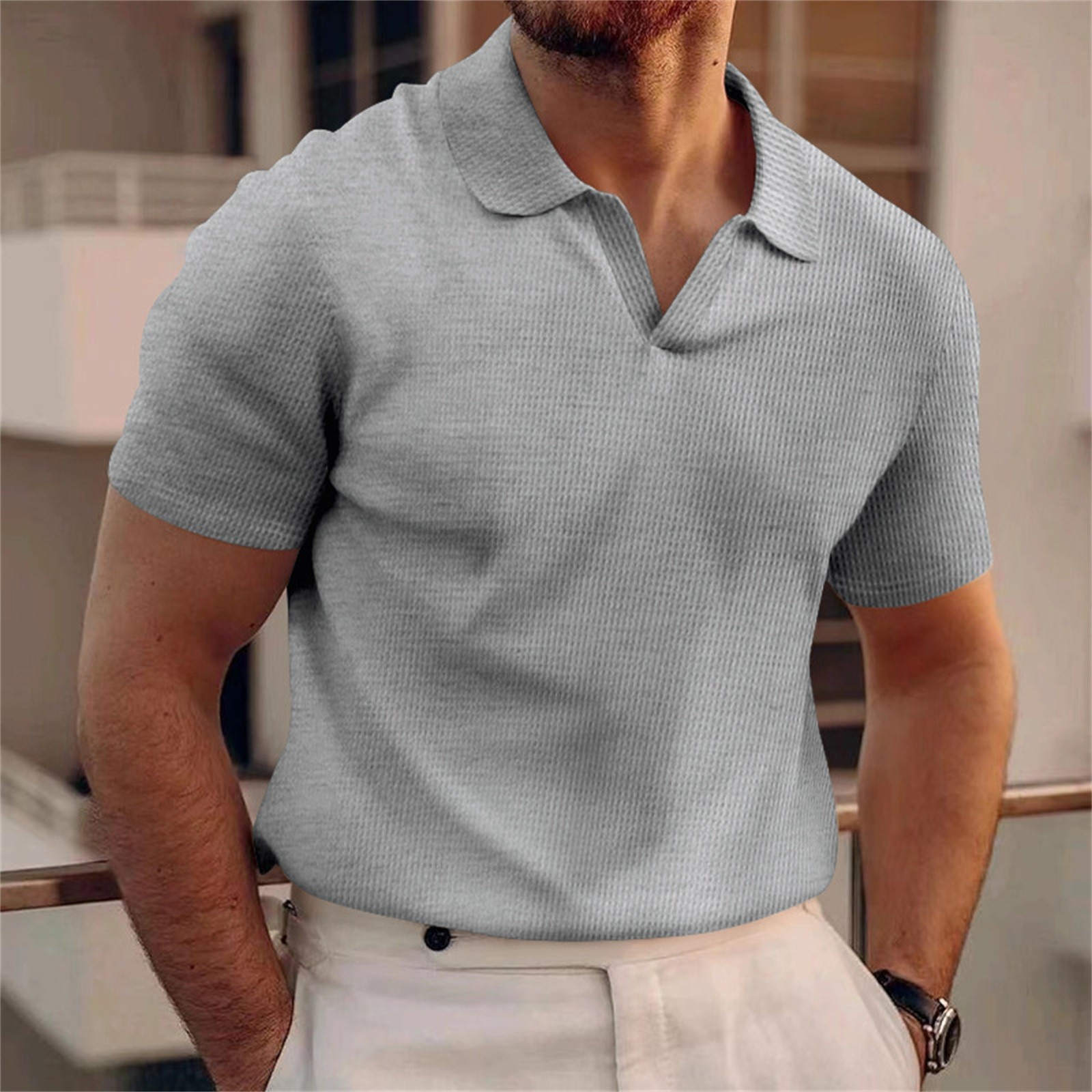 thumbnail image 2 of Camiseta informal de manga corta con cuello en V y textura de algodón para hombre - Tejido de punto waffle, corte ajustado, para deportes/regalos de empresa, 2 of 7